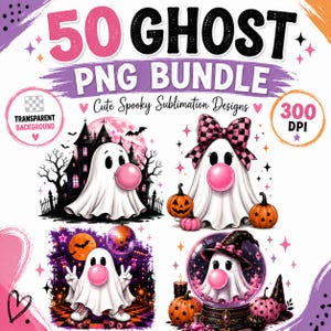Ghost Blowing Bubble Gum PNG Bundle, 50 süße gruselige Sublimationsdesigns, trendige Halloween-Geister, Girly Haunted House Shirt Grafiken