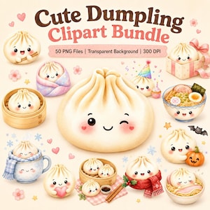 Op de afbeelding: Een digitale illustratieset genaamd Cute Dumpling Clipart Bundle met 50 PNG-bestanden. De collectie toont diverse antropomorfe dumplings met lachende gezichten, sommige met sjaals aan of zittend in bamboe stoommandjes.