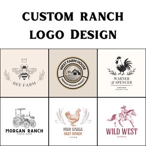 May include: Custom ranch logo designs featuring illustrations of a bee, farm, rooster, tractor, chicken, and a cowboy on a horse. The logos include text such as "Bee Farm", "West Farm House", "Warner & Spencer", "Morgan Ranch", "High Eagle Nest Ranch", and "Wild West".