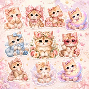 May include: A collection of nine adorable kitten stickers. Each kitten is depicted in a unique pose and adorned with accessories like bows, flowers, and heart-shaped sunglasses. The color palette is soft, featuring pastels and warm tones.
