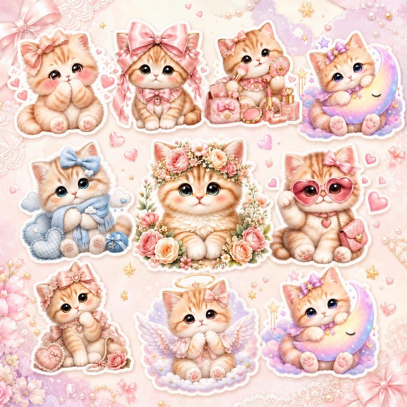 May include: A collection of nine adorable kitten stickers. Each kitten is depicted in a unique pose and adorned with accessories like bows, flowers, and heart-shaped sunglasses. The color palette is soft, featuring pastels and warm tones.