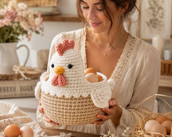 Crochet Chicken Pattern PDF – Cute Amigurumi Hen Basket Organizer, Farmhouse Storage, Beginner-Friendly Gift