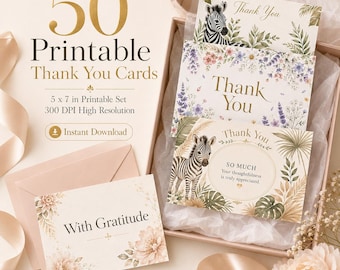 50 Printable Thank You Cards Bundle, Luxury 5x7 Folded Thank You Notes, Floral Wildflower Graduation Safari Business Cards, Digital Download