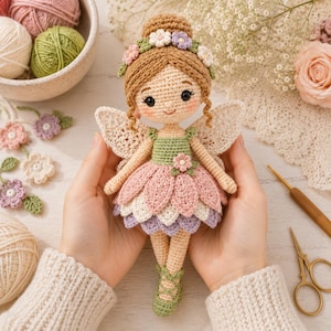 May include: A handmade crochet fairy doll with a flower crown, wings, and a layered petal skirt in shades of pink, lavender, and green. The doll is held in hands, with yarn and crochet supplies in the background.