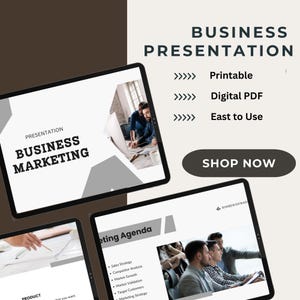 May include: A digital marketing presentation displayed on multiple tablets. The presentation includes the text "Business Marketing" and "eting Agenda". The image also includes the text "Printable", "Digital PDF", "East to Use", and "Shop Now".