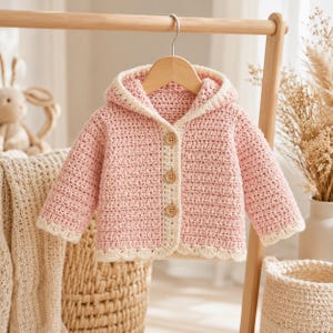 May include: A light pink crochet hooded jacket with a cream-colored trim and wooden buttons. The baby's jacket is hanging on a wooden hanger. The jacket has long sleeves and a scalloped edge.