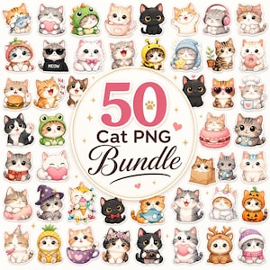 May include: A collection of 50 adorable cat PNG images. The cats are depicted in various poses and outfits, including costumes, accessories, and holding objects. The image includes the text "50 Cat PNG Bundle".