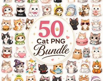 50 Cute Cat PNG Bundle | Kawaii Cat Clipart | Transparent Sticker PNG | Sublimation Designs | Instant Download