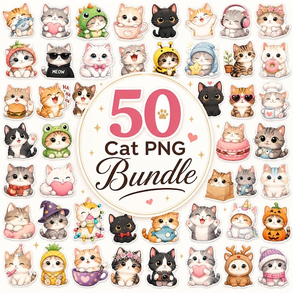 50 Cute Cat PNG Bundle | Kawaii Cat Clipart | Transparent Sticker PNG | Sublimation Designs | Instant Download