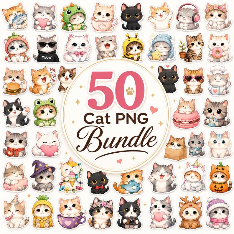 May include: A collection of 50 adorable cat PNG images. The cats are depicted in various poses and outfits, including costumes, accessories, and holding objects. The image includes the text "50 Cat PNG Bundle".