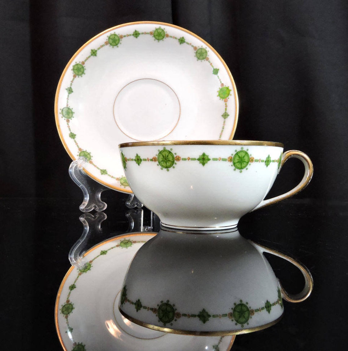 Cup Saucer LIMOGES France Green Gold Trim Elite Works Etsy