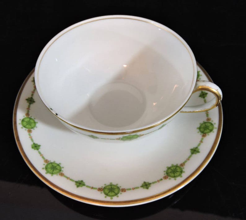 Cup Saucer LIMOGES France Green Gold Trim Elite Works Etsy
