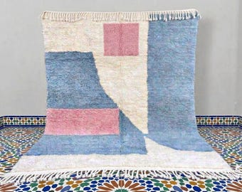 Handmade Moroccan Wool Rug - Pastel Blue & Pink Geometric Berber Carpet - Modern Custom Area Rug for Living Room - Soft Plush Abstract Rug
