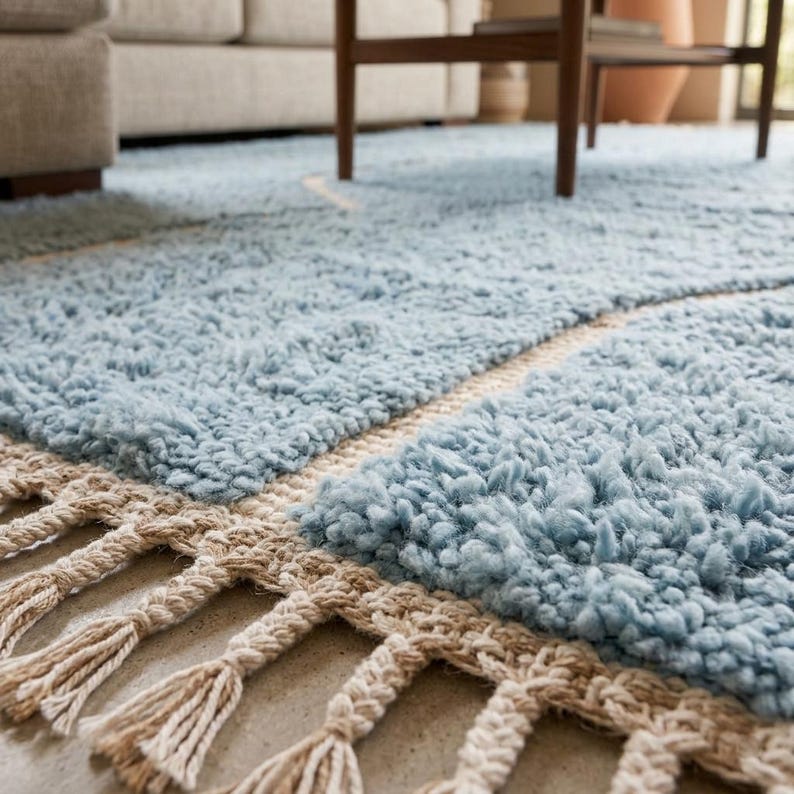 Puede incluir: Una alfombra de color azul claro con una textura de pelo largo y grueso. La alfombra presenta una serie de detalles horizontales de cuerda beige trenzada integrados en el tejido, rematados con una fila de largos flecos beige anudados.