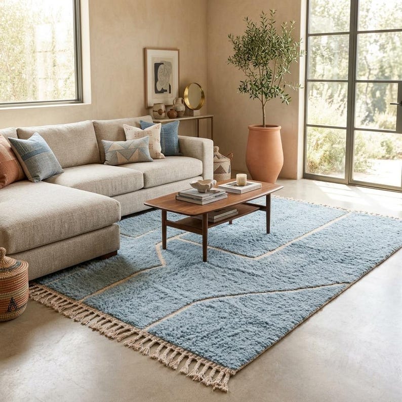 Puede incluir: Una alfombra rectangular con pelo azul claro texturizado y un sutil patr&oacute;n geom&eacute;trico de l&iacute;neas finas de color crema. La alfombra est&aacute; rematada con largos flecos anudados en los bordes m&aacute;s cortos, creando una superficie suave y t&aacute;ctil.