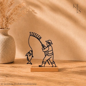 Personalisiertes Angler Geschenk | LineArt Schwarz Geschenk für Angler | Wohnzimmerdekoration | Geschenkidee | 3D-Kunstmotiv | Minimalitisch