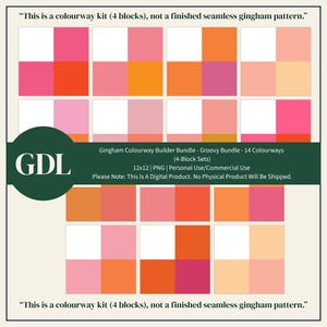 Könnte beinhalten: Digitales Produkt mit einem Gingham-Farbweg-Builder-Bundle. Das Design zeigt ein Raster von sechzehn Quadraten in verschiedenen Rosa-, Orange- und Weißtönen. Text: "This is a colourway kit (4 blocks), not a finished seamless gingham pattern."