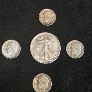 Vintage US Coin Set – Walking Liberty Half Dollar & Roosevelt Dimes – Classic American Coin Collection