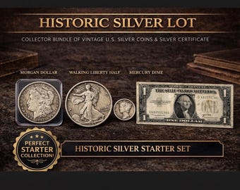 Pode incluir: Um conjunto inicial de prata histórica com um dólar Morgan, uma Walking Liberty Half, um Mercury Dime e um certificado de prata. O conjunto é apresentado como um pacote de colecionador de moedas de prata americanas antigas.