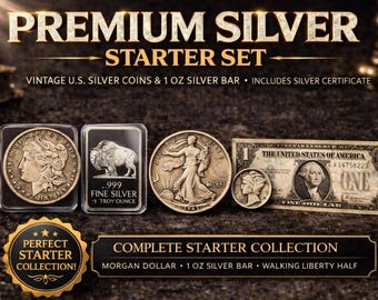 Pode incluir: Um conjunto inicial de prata premium com moedas de prata dos EUA vintage e uma barra de prata de 28,35 g. O conjunto inclui um dólar Morgan, uma meia libra Walking Liberty e um certificado de prata. As moedas e a barra são exibidas em um fundo escuro.