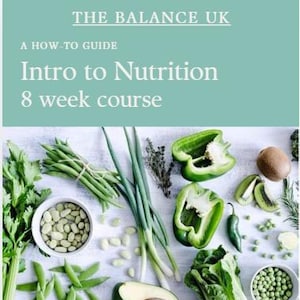 May include: A flat lay image featuring fresh, green vegetables and fruits, including avocado, green peppers, and peas. The text "Intro to Nutrition 8 week course" is displayed at the top, with contact information and a logo at the bottom.