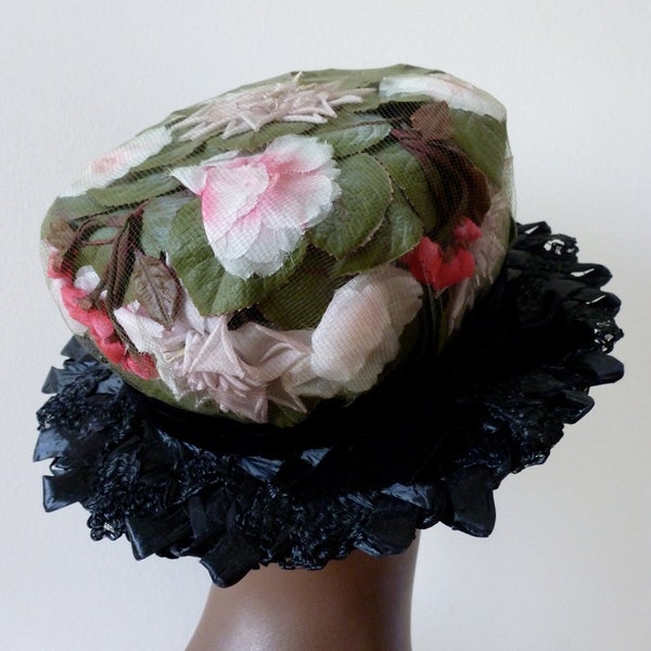 60's Romantic Netted Rose Petals Hat Black Woven Boater Tilt Hat Garden Party Wedding