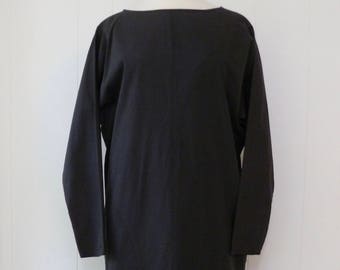 80's Avant Garde Backwards Cocoon Dress Black Cotton Button Back Mod Designer Frank Masandrea M