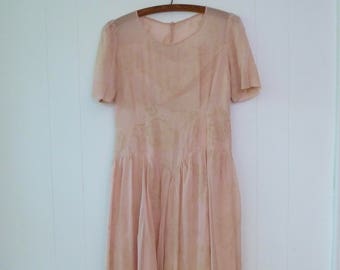 40's Rose Quartz Party Dress Romantic Sweetheart Illusion Sheer Shell Pink Gown Flocked Floral Full Length Full Sweep Maxi S