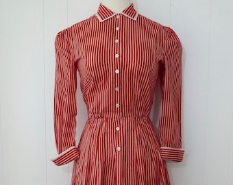 70's Adele Simpson Shirt Dress Designer Red White Striped Cotton Button-down Shirtdress Puff Sleeve S XS