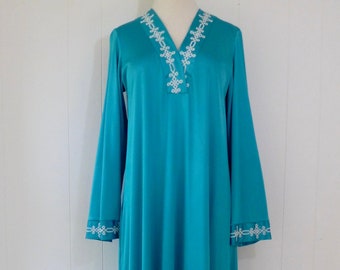 70's Vanity Fair Glossy Teal Satin Caftan Bell Sleeve Peacock Blue Lounger Nightgown Loungewear P M L