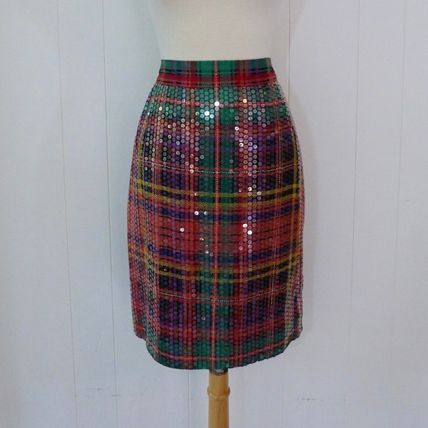 90's Plaid Sequin Pencil Skirt High Waisted Wiggle Back Slit Preppy Clueless Rave Grunge Glam S M