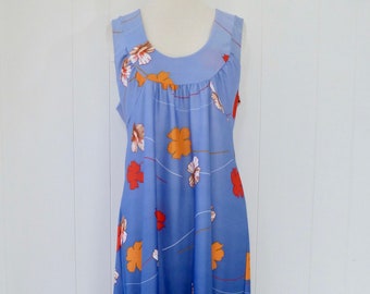 70's Ombre Empire Dress Slip On Travel Blue Floral Full Length Sleeveless Flowing Maxi Gown M