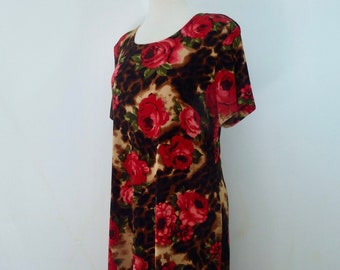 90s Leopard Rose Stretch Dress Flowy Loose Confortable Nap Dress Short Sleeve Tent A Line Y2K L XL