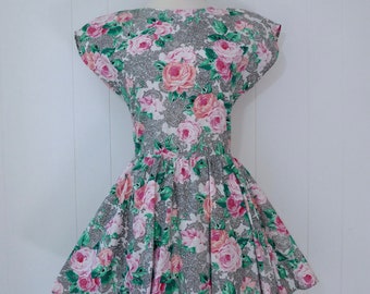 80's Amazing Rose Lace Print Dress Peplum Peek-a-Boo Cut Out Back Fredericks of Hollywood M Novelty Print Cotton S M