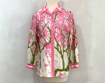 60s Vera Neumann Shirt Cherry Blossom Branch Pink White Watercolor Cotton Twill Button Down L