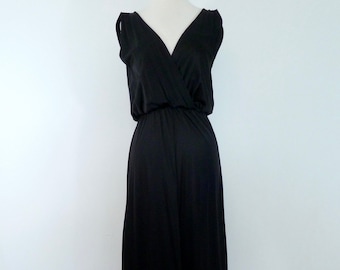 70s Slinky Black Hostess Romper Wide Leg Loungewear Playsuit Jumpsuit Catsuit One Piece Pajama Pant Nightie Lingerie S