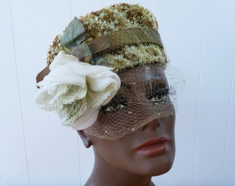 60's Rose Mint Celery Olive Raffia Pillbox Hat Oversize White Rose Moss Green Netted Flowers Woven Romantic Jacobson's