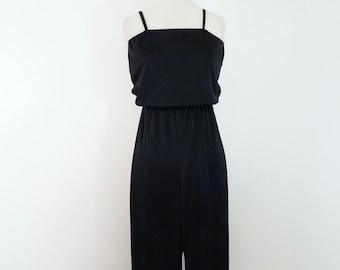 Années 80s Noir Nylon Hôtesse Blouson Romper Straight Leg Loungewear Playsuit Jumpsuit One Piece Pyjama Pant Nightie Lingerie XS S