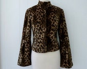 90 39 s French Designer Jacket Leopard Print Long Bell Sleeve Zip Front Mock Neck Collar Cafe Racer Faux Fur Super S