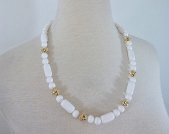 80s Trifari Necklace Minimalist White and Gold Bead Vintage Lucite Plastic Signed Designer Jewelry 24 Inch Long