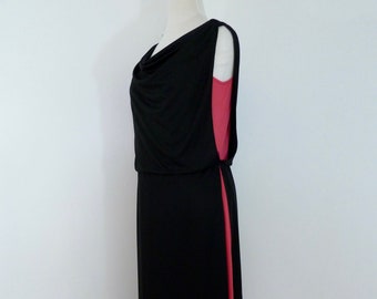 70s does 30s Minimalist Disco Dress Draped Goddess Tunic Layer Hot Pink Black Nylon Dance Blouson S M