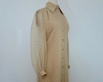 70's Nude Polka Dot Dress Sheer Beige Chiffon Puff Sleeve Crystal Mirror Buttons Dagger Collar Midi M