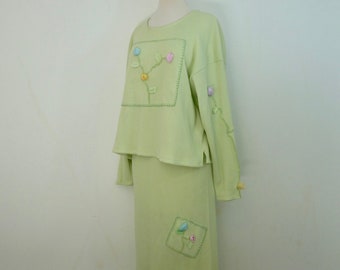 90s 3D Rose Designer Top and Skirt Slouchy Stretchy Henley Two Piece Set Pastel Mint Green M L XL