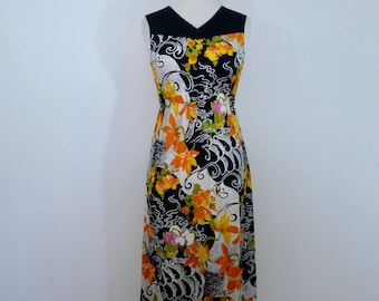 70's Psychedelic Mod Floral Dress Black White Orange Flower Power Sleeveless Sheath Elastic Waist XS S