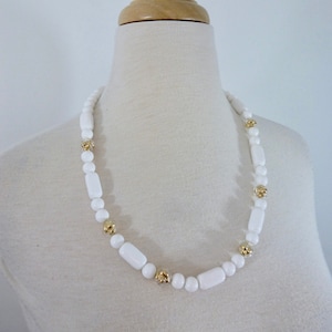 80s Trifari Necklace Minimalist White and Gold Bead Vintage Lucite Plastic Signed Designer Jewelry 24 Inch Long