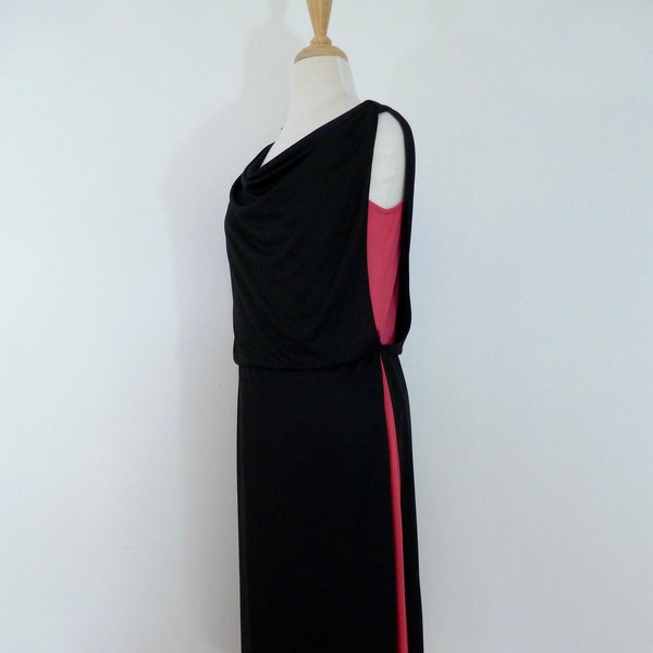 70s does 30s Minimalist Disco Dress Draped Goddess Tunic Layer Hot Pink Black Nylon Dance Blouson S M