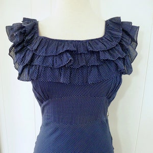 30's Chacha Ruffle Dress Art Deco Navy White Polka Dot Full Length Bias Cut Gown Dress and Slip Two Piece XS S image 1