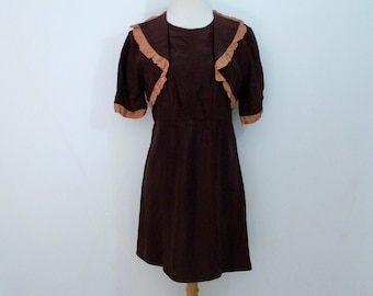 30s Babydoll Dress Art Deco Puff Sleeves Cocoa Brown Ruffle Faux Bolero Day Dress