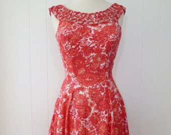 50's Alix of Miami Dress Cotton Crystal Pink Full Skirt Lattice Collar Fit and Flare VLV Sundress S