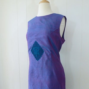 60's Cocktail Dress Plus Size Iridescent Blue Purple Silk Embroidered Shift Sheath Party Dress image 1